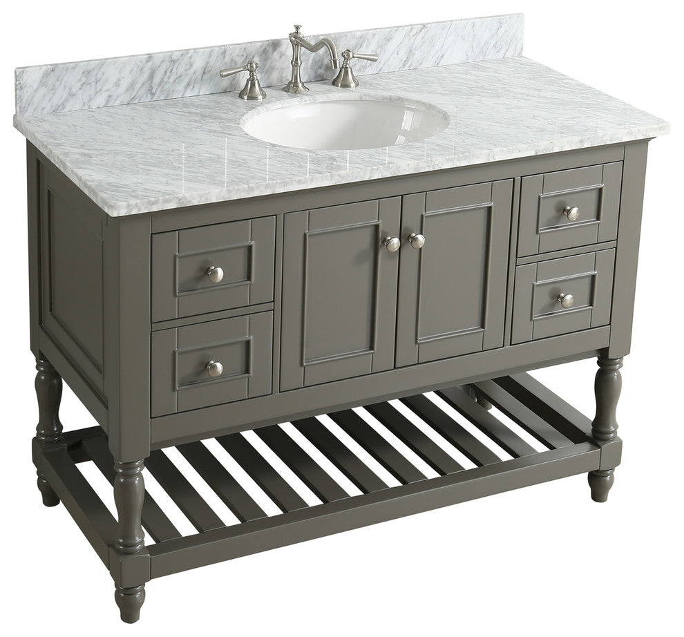 Silvia Bathroom Sink Vanity Set, White Marble Top, Base: Distressed Gray, 48"