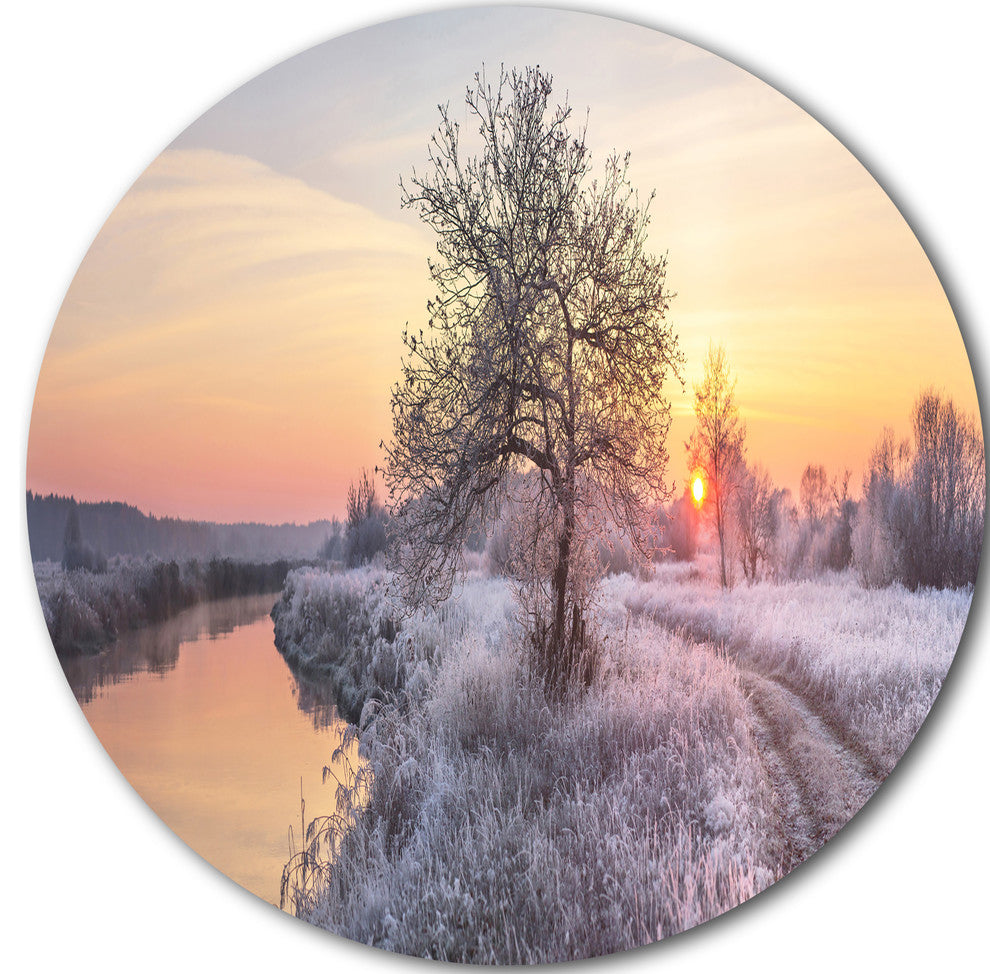 Winter Sunrise Over Frosty Field, Landscape Disc Metal Wall Art, 11"