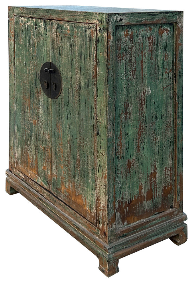 Distressed Teal Green Marks Moon Face Slim Credenza Side Cabinet Hws4372