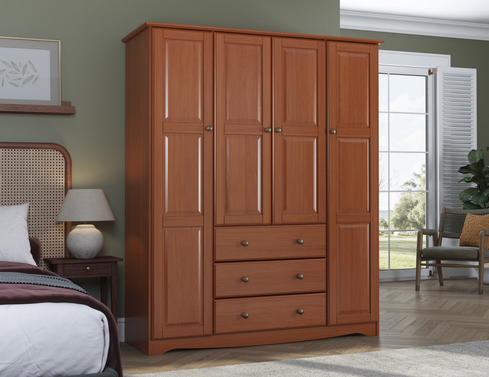 100% Solid Wood Family Wardrobe Armoire, Mocha-Metal Knobs