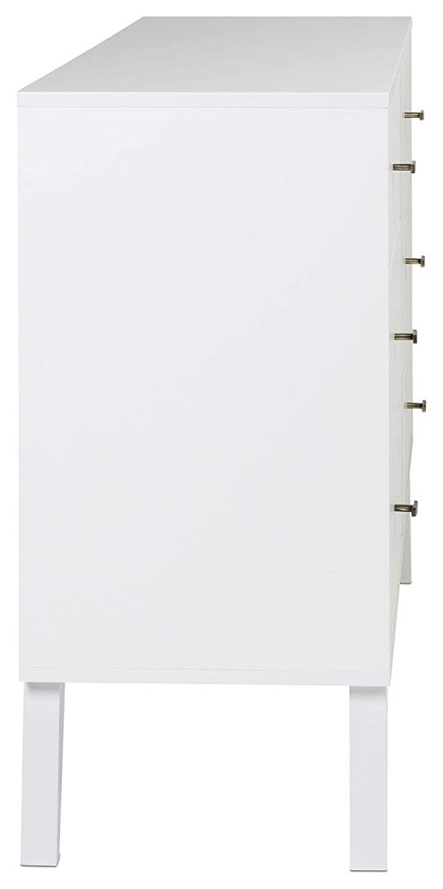 Mid Century Modern Dresser, Tapered Legs and 6 Drawers With Brass Knobs, White