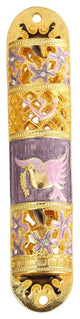 Hand Painted Enamel Mezuzah Embellished With a Floral Design With Gold Accents a