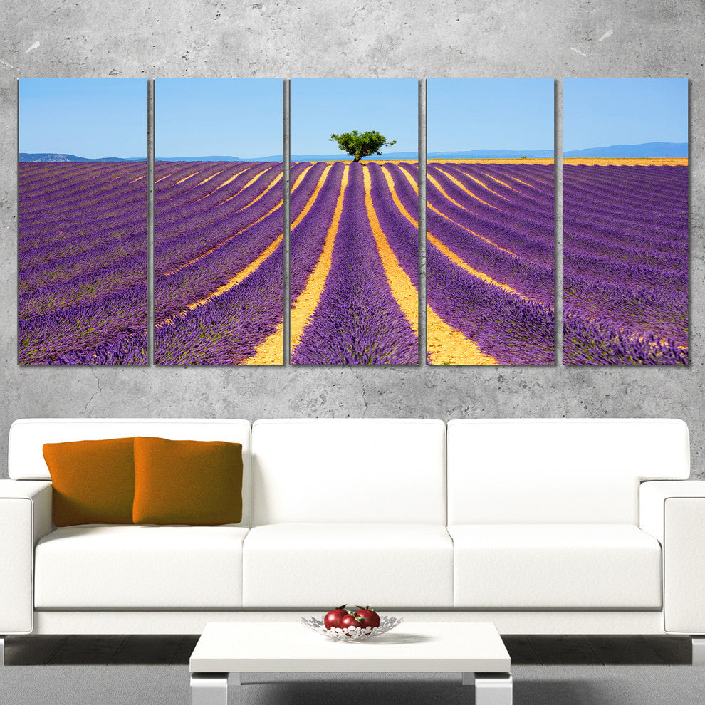 "Lonely Uphill Tree in Lavender Field" Landscape Wall Art, 5 Panels, 60"x28"