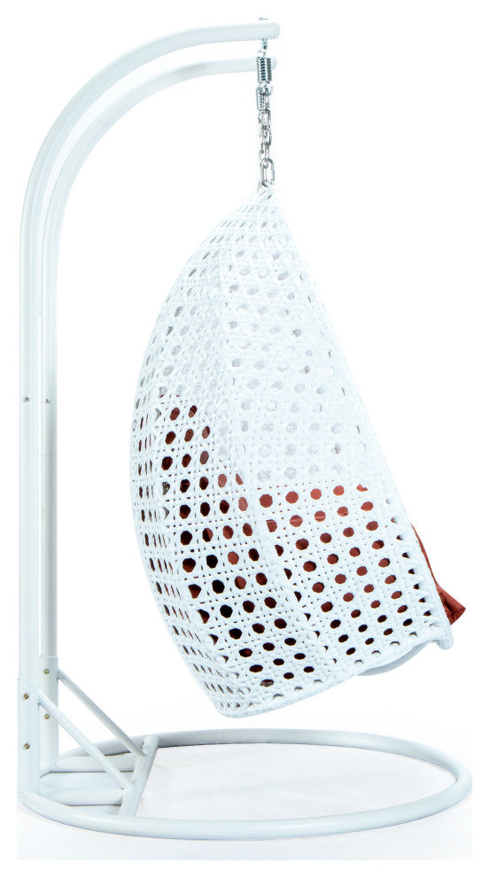 2 Person White Wicker Double Hanging Egg Swing Chair, Dark Orange