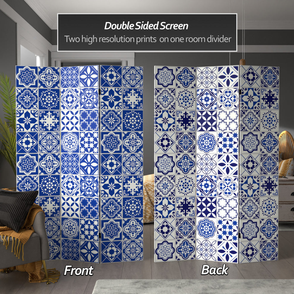 6' Tall Double Sided Blue and White Tile Canvas Room Divider