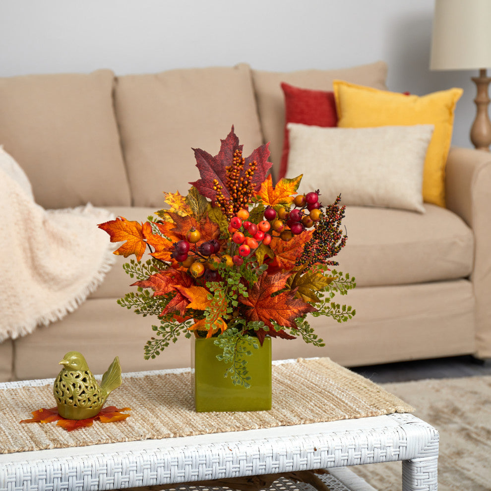 17" Maple Leaf, Berries and Maiden Hair Artificial Arrangement, Green Vase