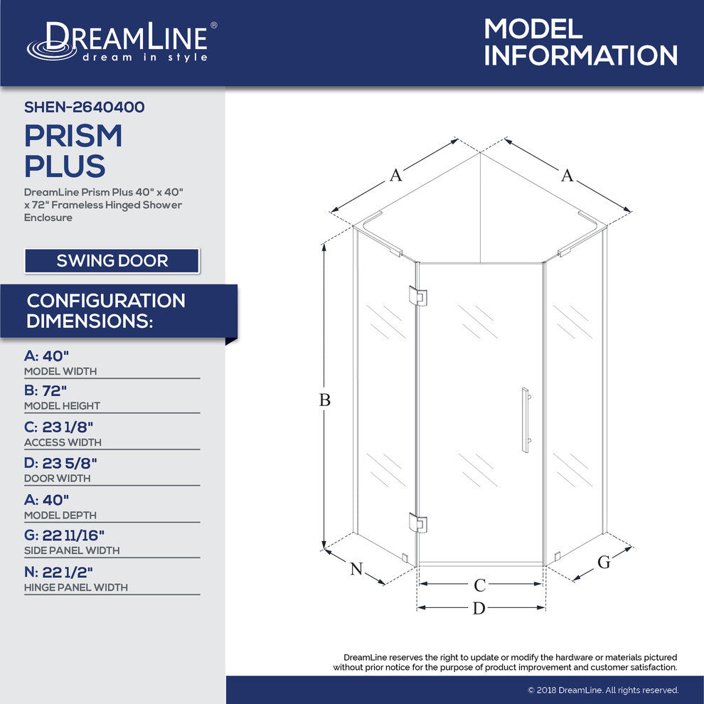 Dreamline Prism Plus 40"x40" Frameless Shower Enclosure