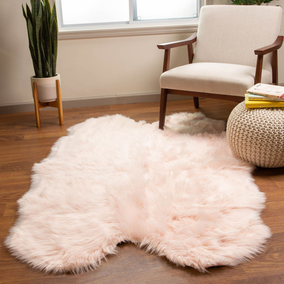 Plush and Soft Faux Sheepskin Fur Shag Area Rug, Dusty Rose, 4' X 6' Shaped