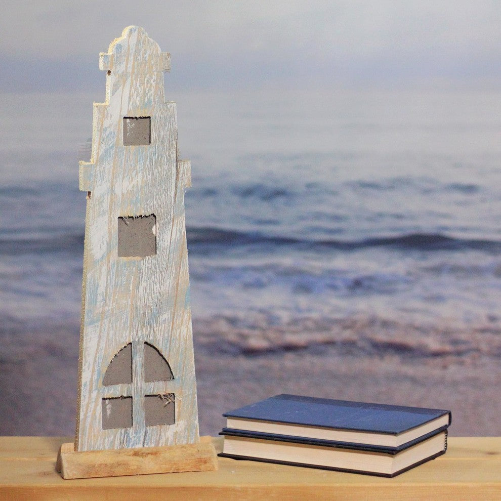 19" Distressed Finished White and Blue Nautical Lighthouse Tabletop Decoration