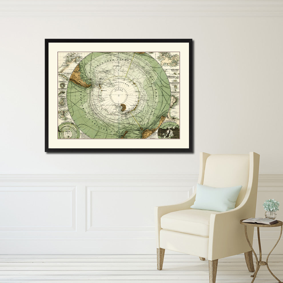 Antarctica, South Pole Vintage Map Print On Canvas With Picture Frame 28" X 37"