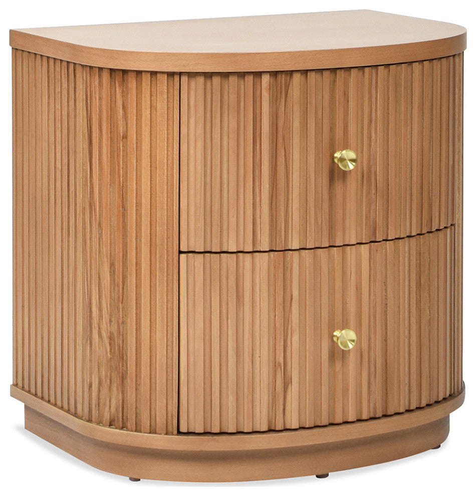 Valentine 24" 2-Drawer Fluted Storage Side Table, Natural Brown Beech Wood