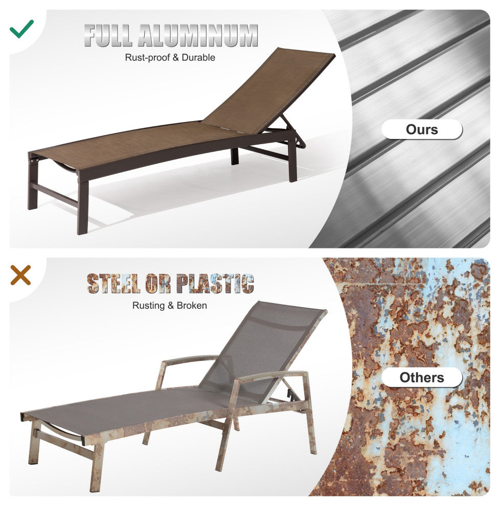 Patio Set Outdoor Aluminum Adjustable Chaise Lounge Chairs and Table Set, Brown