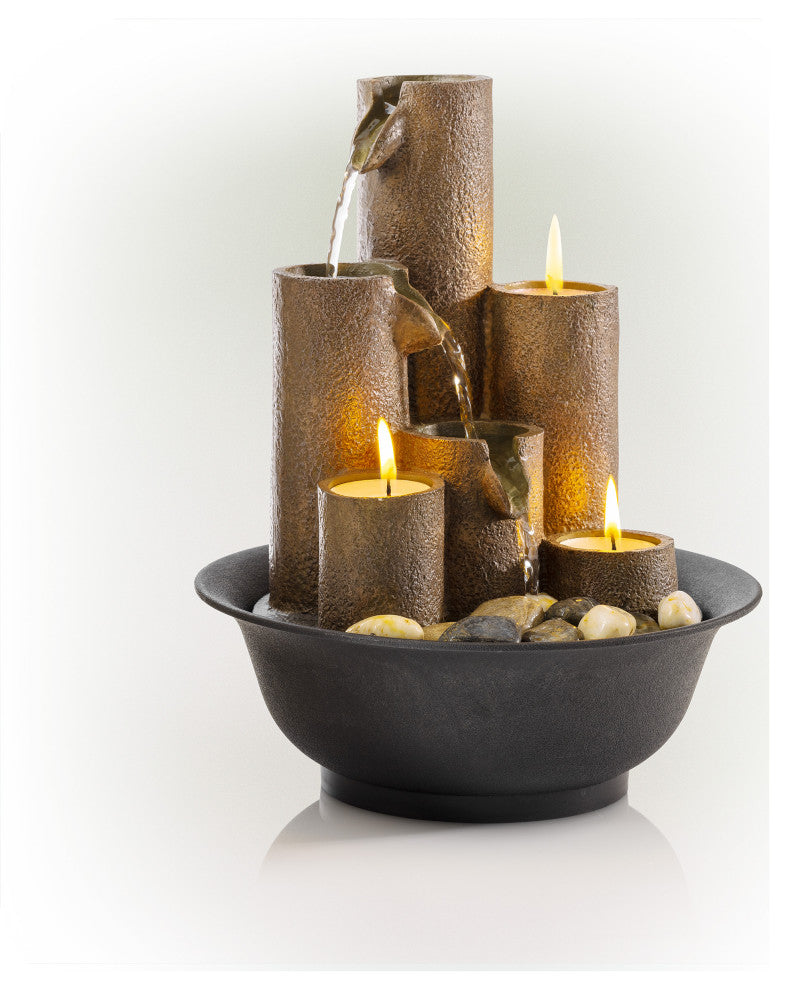 11" Tall Indoor Tiered Column Tabletop Fountain with 3 Candles