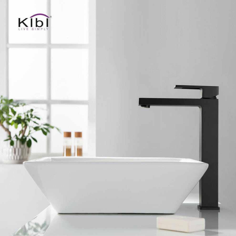Cubic Single Handle Vessel Sink Faucet KBF1003, Matte Black, W/ Drain