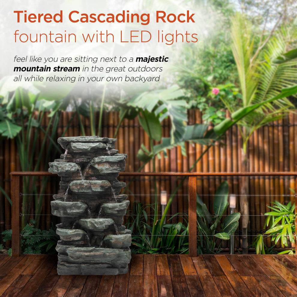 39" Tall Outdoor Multi-Tier Rock Water Fountain with LED Lights