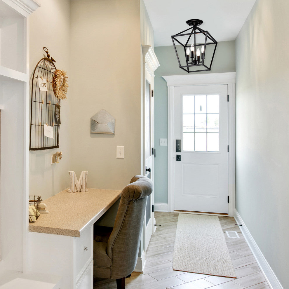 4-Light 12 in. Matte Black Cage Lantern Farmhouse Semi-flush Mount