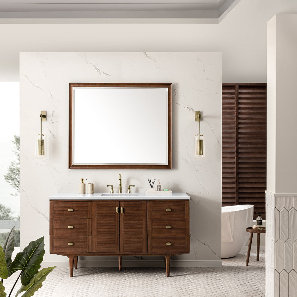 Amberly 30" Single Vanity, Mid-Century Walnut, 72", White Zeus, Three-Hole