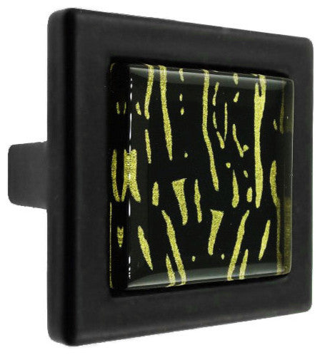 Hand Painted Abstract Golden Lines Crystal Glass Black Metal Square Manor Knob