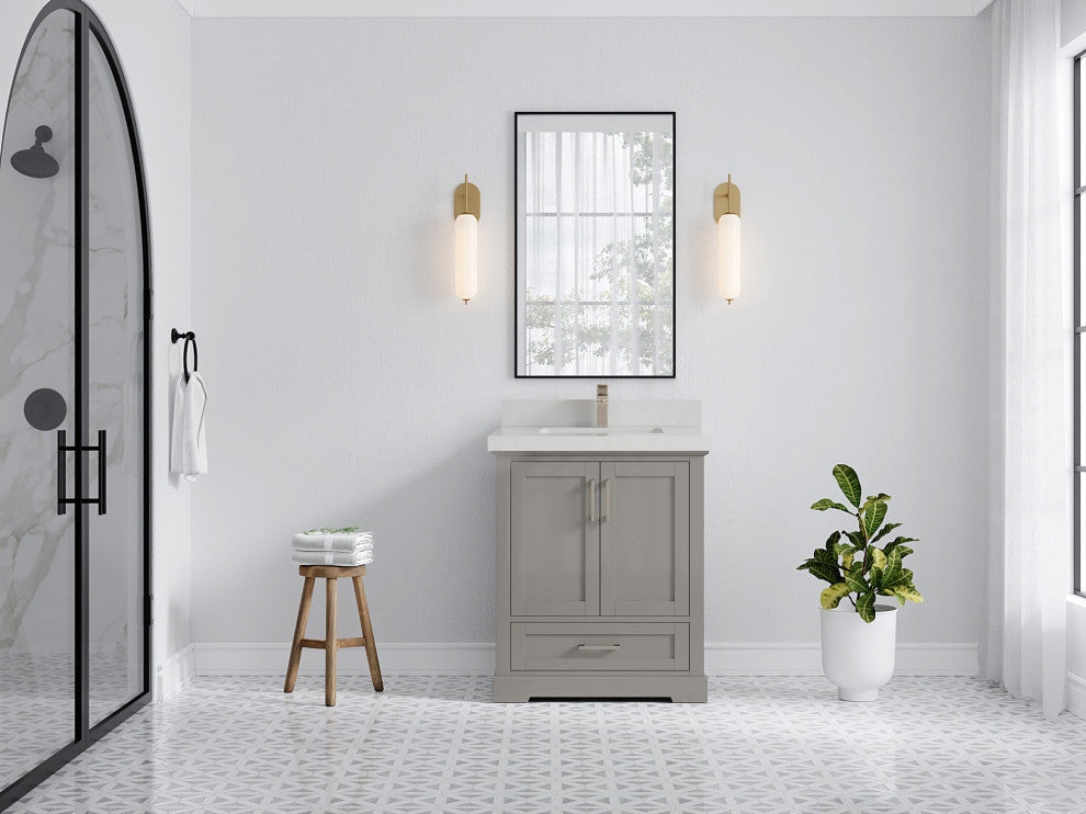Boston 30 Single Sink Bath Vanity in Elephant Skin Gray 2" Carrara Quartz