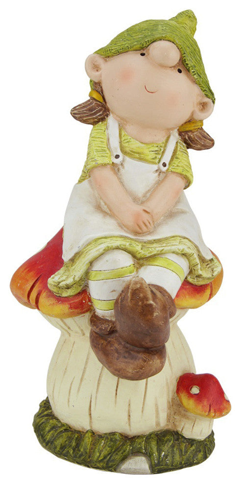 2 Assorted Young Boy and Girl Gnome on a Mushroom Patio Garden Figures, 11"