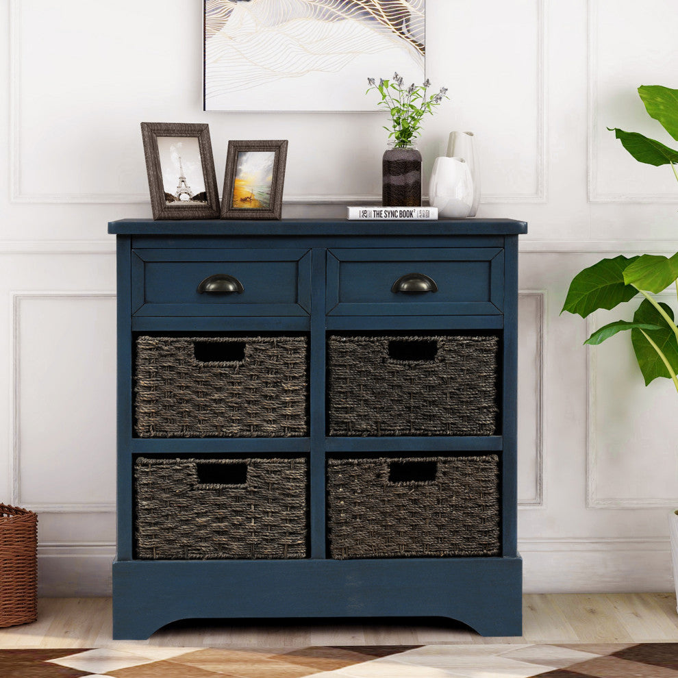28" Wood 2 Drawers Storage Cabinet with 4 Rattan Basket, Antique Navy, 28" Tall