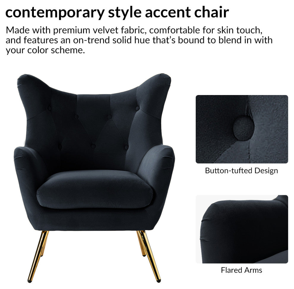Tufted Accent Chair With Golden Legs, Black