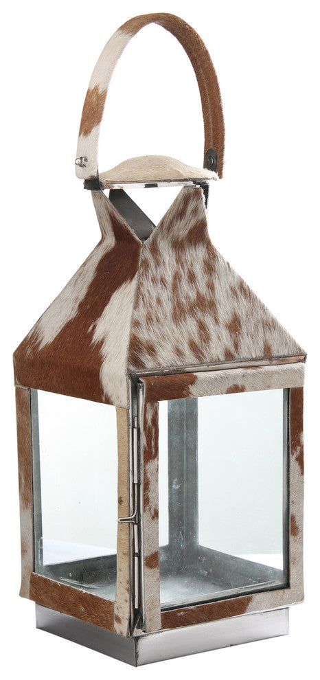 SAFARI Cowhide Lantern, Silver Metal with Cowhide Accents