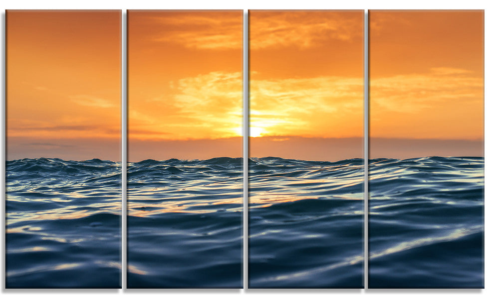 "Blue Waves Dancing At Yellow Sunset" Beach Canvas Wall Art, 4 Panels, 48"x28"