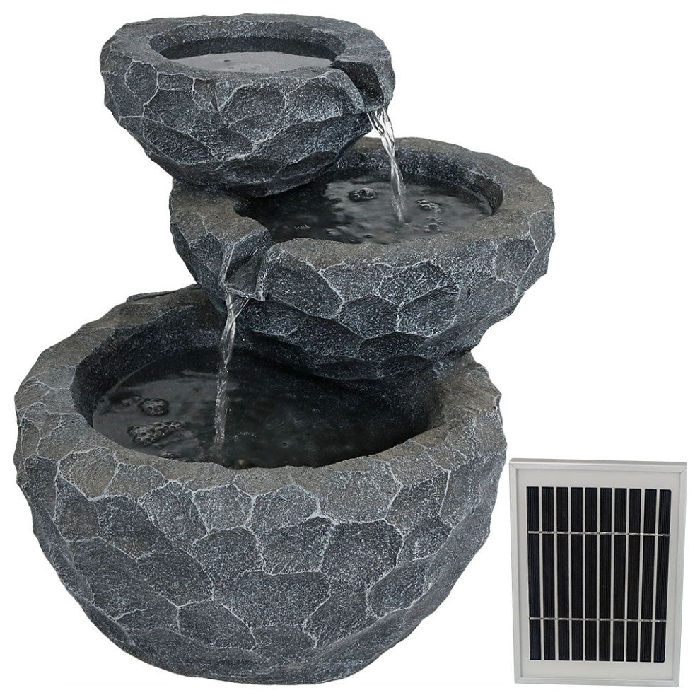 Sunnydaze Chiseled Basin Small Outdoor Solar Fountain, 3-Tier, Solar-on-Demand
