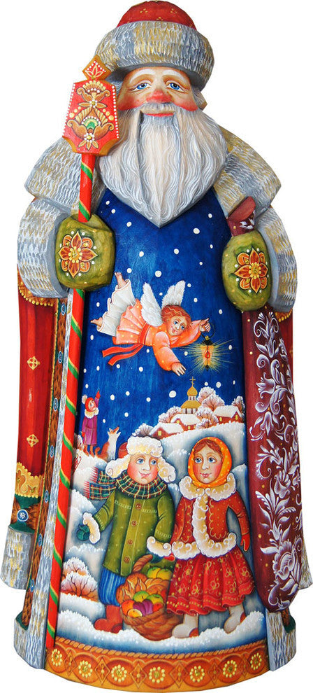 Artistic Wood Carved Santa Claus and Angel Guarded Kids Sculpture
