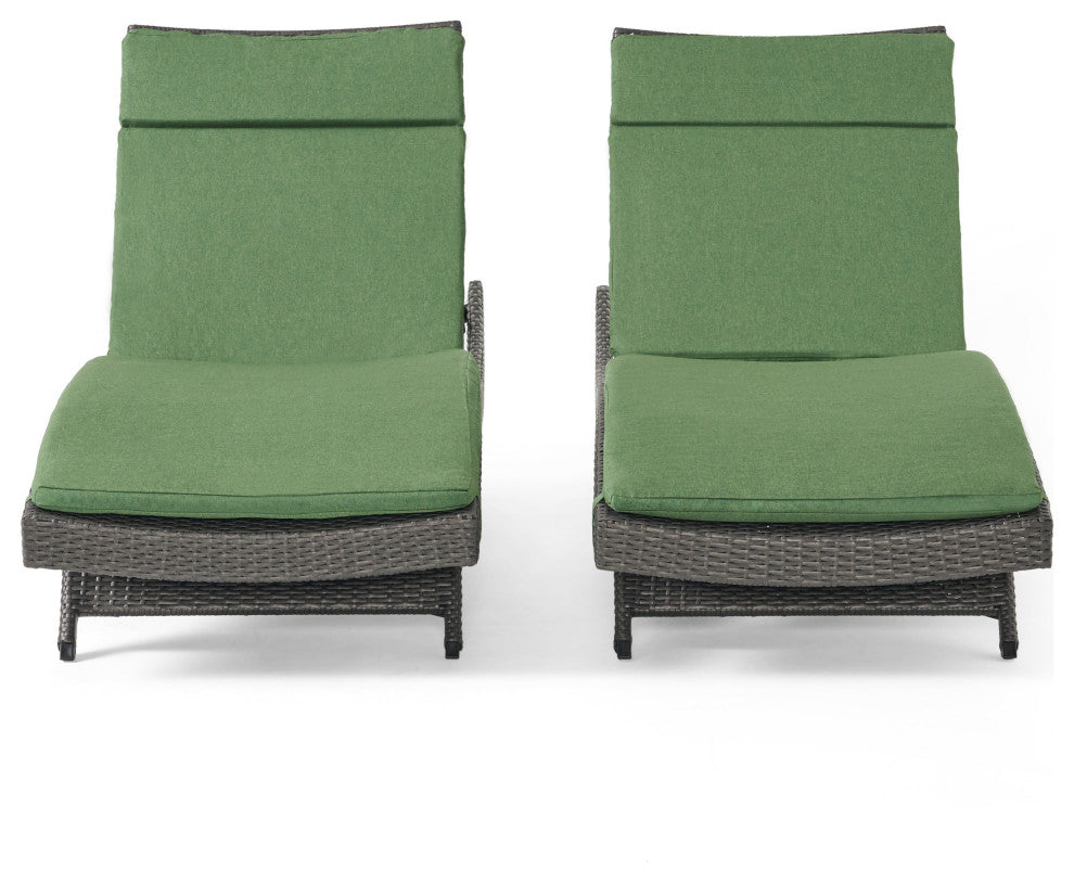 GDF Studio Nassau Outdoor Wicker Adjustable Lounges, Green Cushions, Set of 2