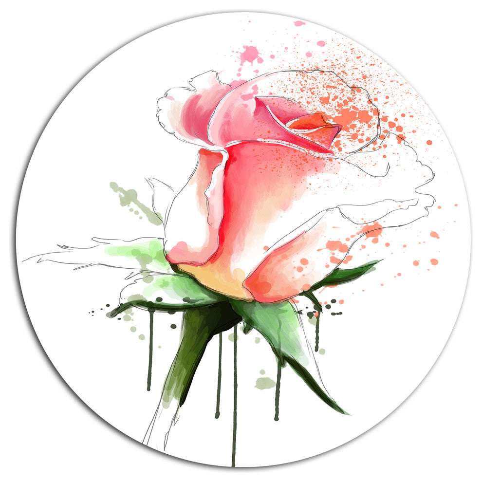 Pink Rose Sketch With Green Calyx, Floral Round Wall Art, 11"