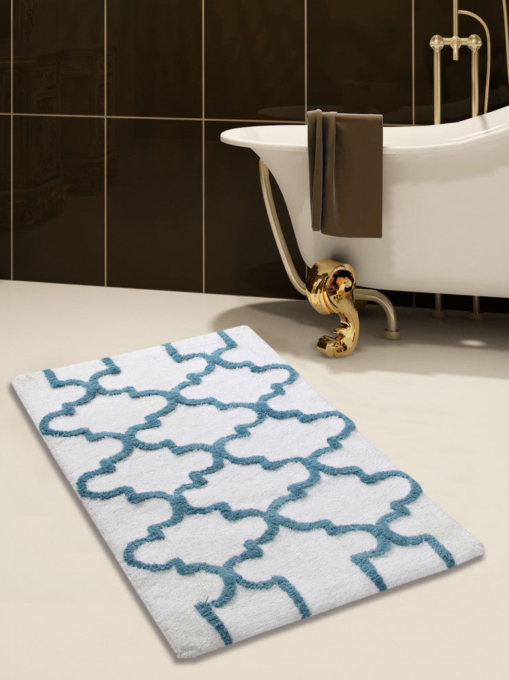 Cotton Dual Color Geometric Pattern Bath Rug, New Blue, 34"x21"