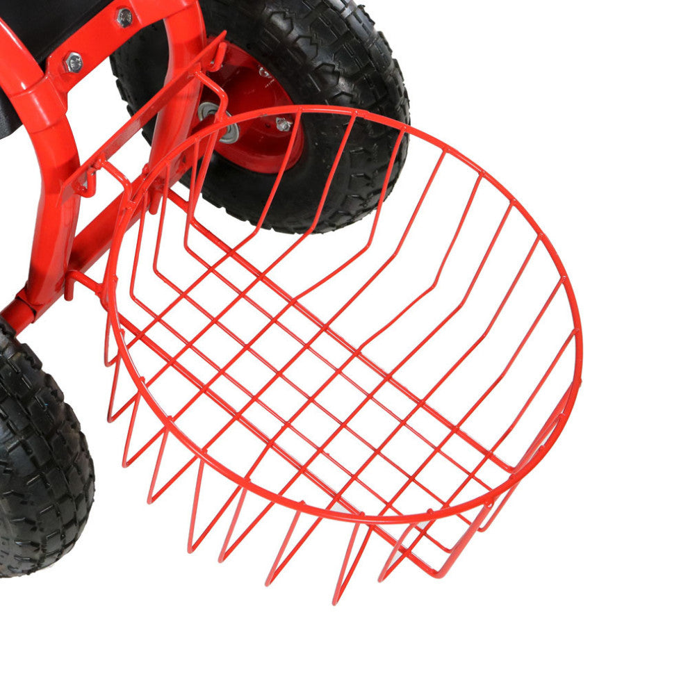 Sunnydaze Rolling Garden Cart With Steering Handle, Seat and Tray, Red