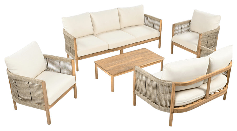 GDF Studio Outdoor 5-Piece Acacia Wood Patio Chat Set, Teak/Beige