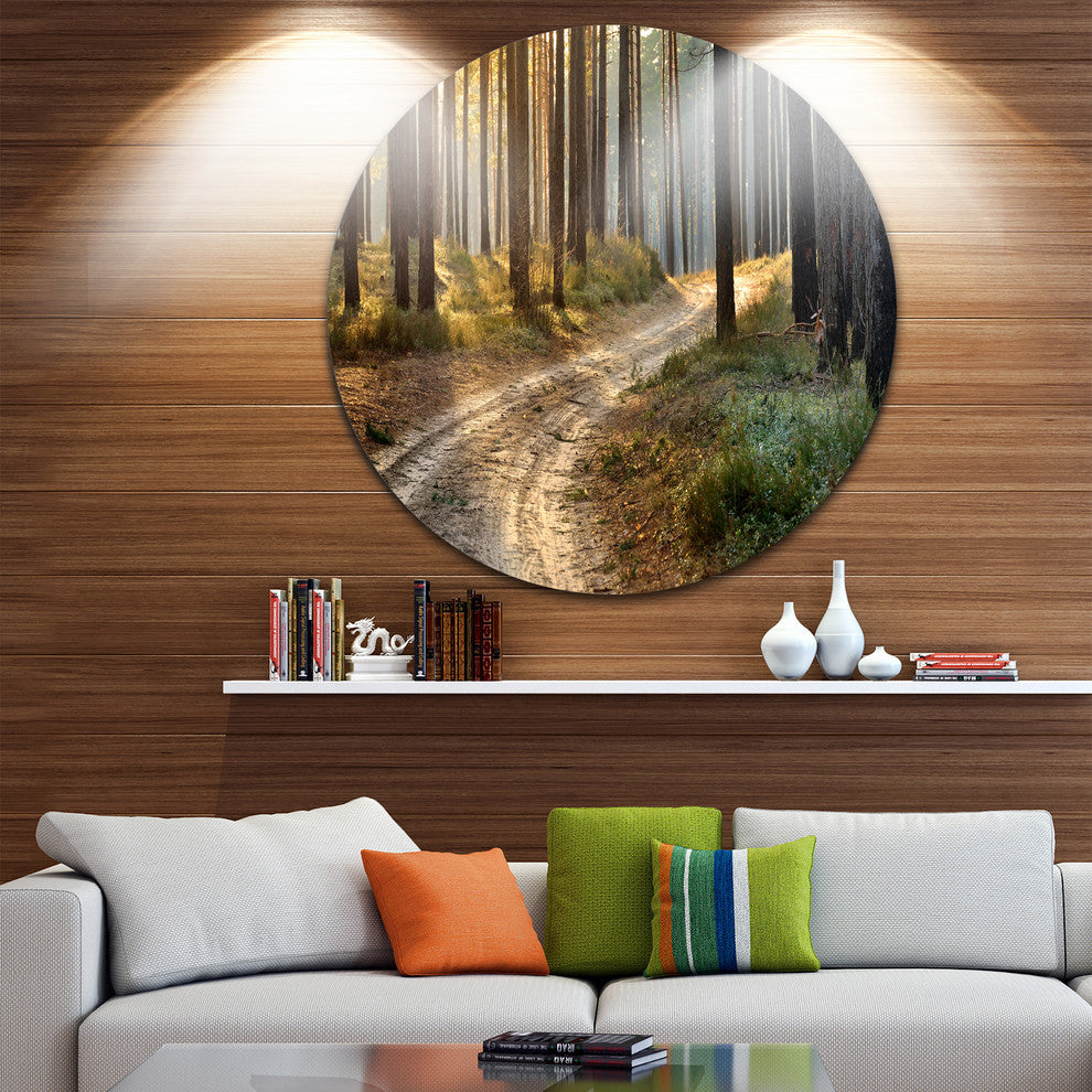 Road In Thick Morning Forest, Landscape Photo Round Wall Art, 23"