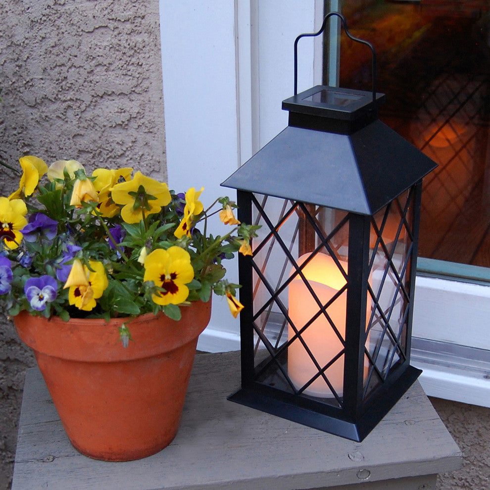 Solar Powered Lantern, Tudor Black With LED Candle