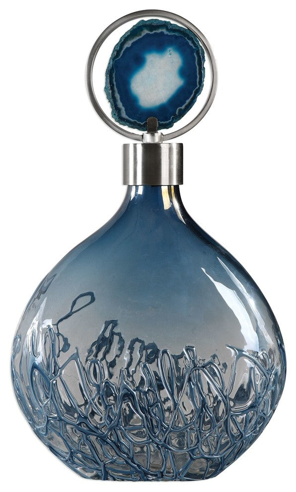 Blue Agate Art Glass Bottle, Elegant Vase Silver Lid Stone