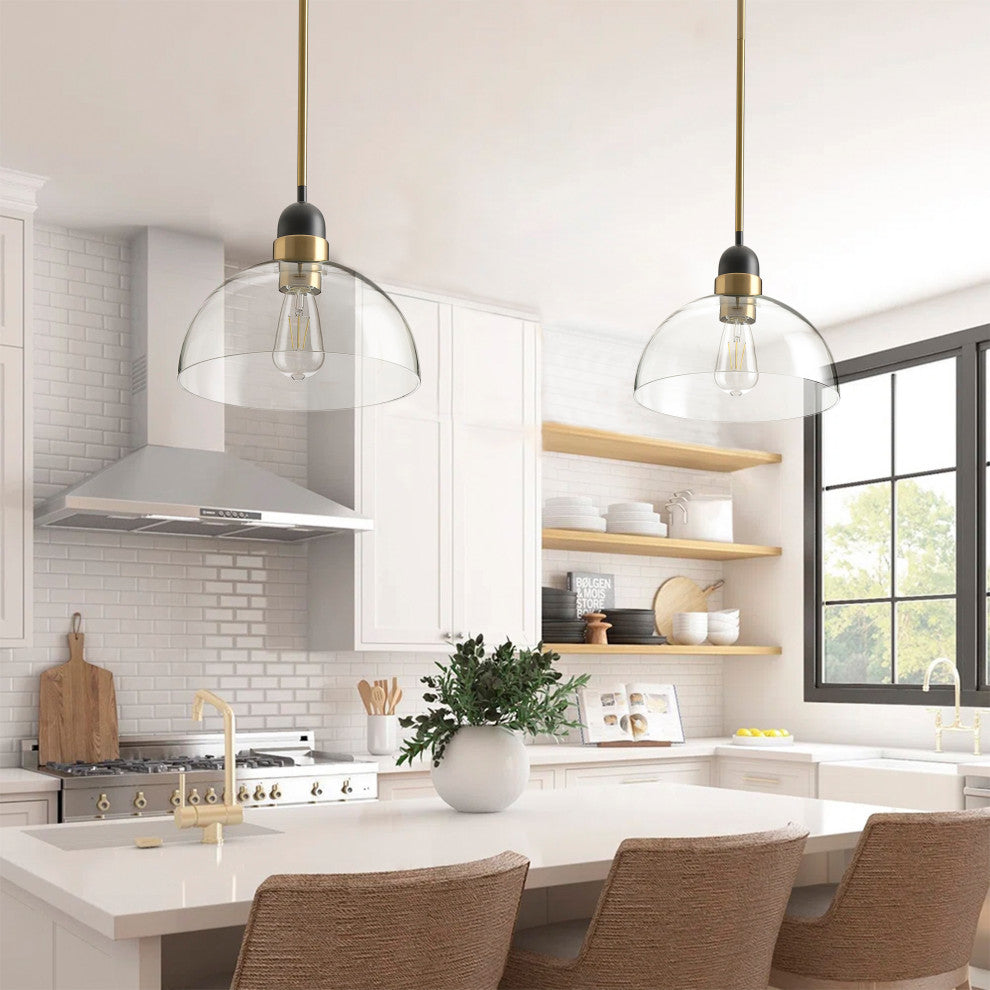 Industrial Matte Black Glass Shade Pendant Light With Brass Finish
