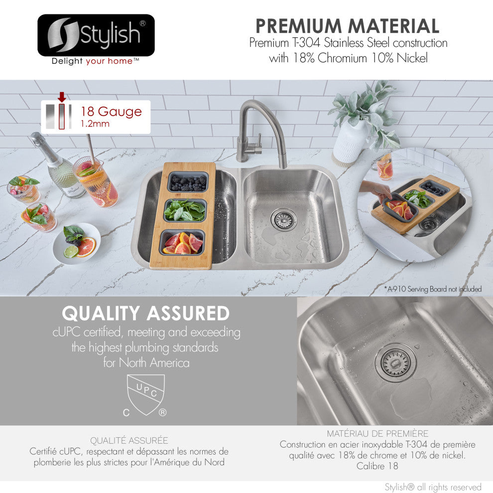 STYLISH Jaspel Dual Mount 32" Double-Bowl Stainless Steel Kitchen Sink