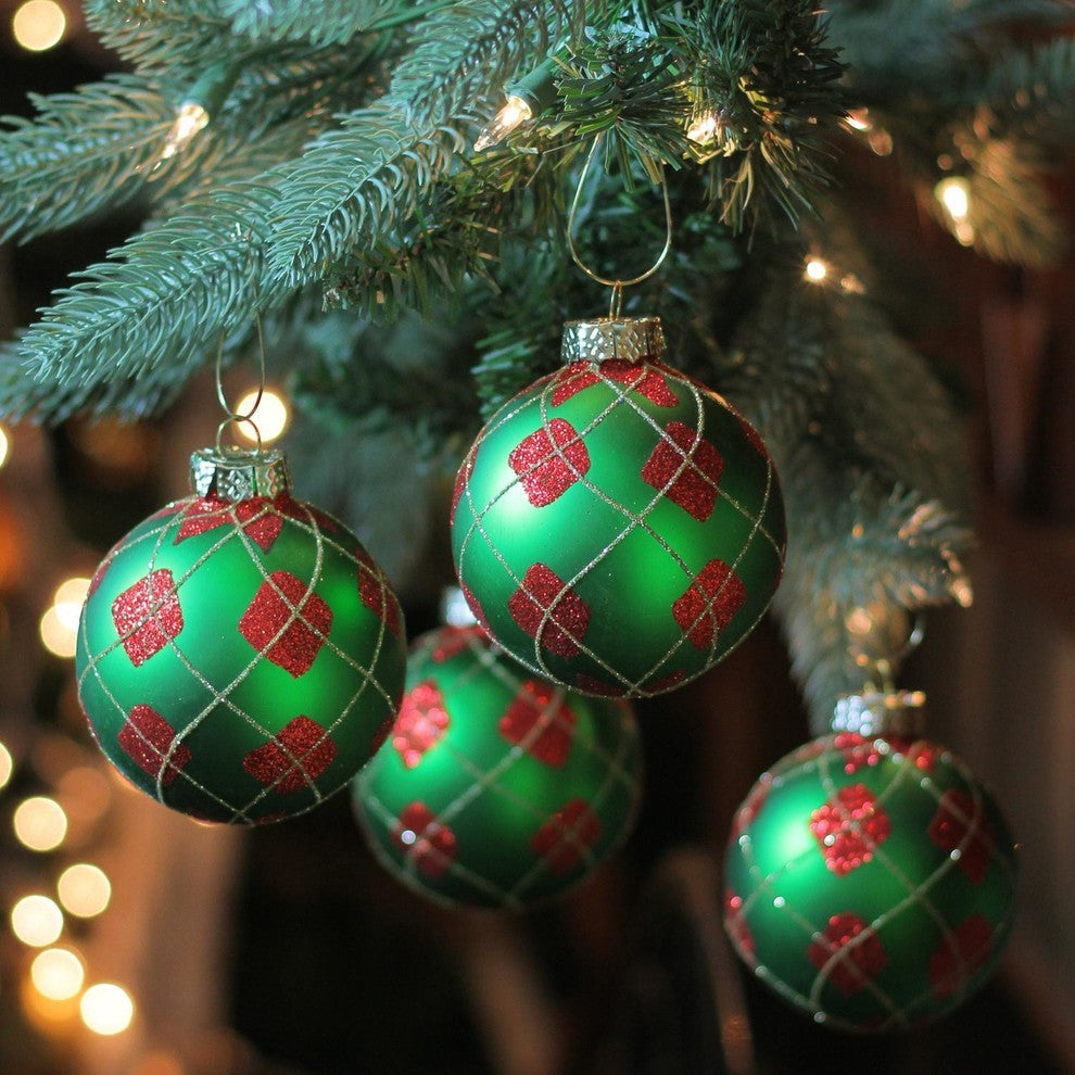 4-Piece Green and Red Diamond Christmas Ball Ornament Set 4", 80mm