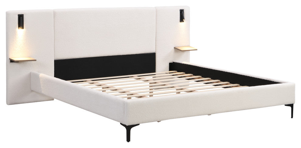GDF Studio Modern Platform Bed, Built-in Lights & Shelves, White, King