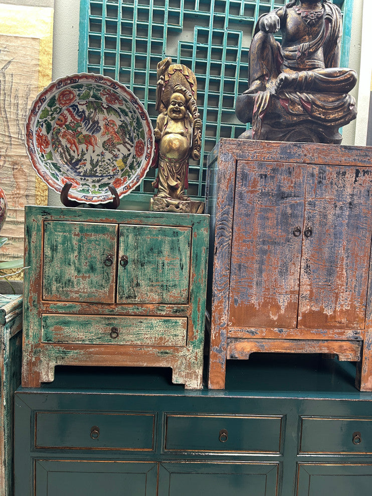 Oriental Distressed Teal Blue Green End Table Nightstand Chest