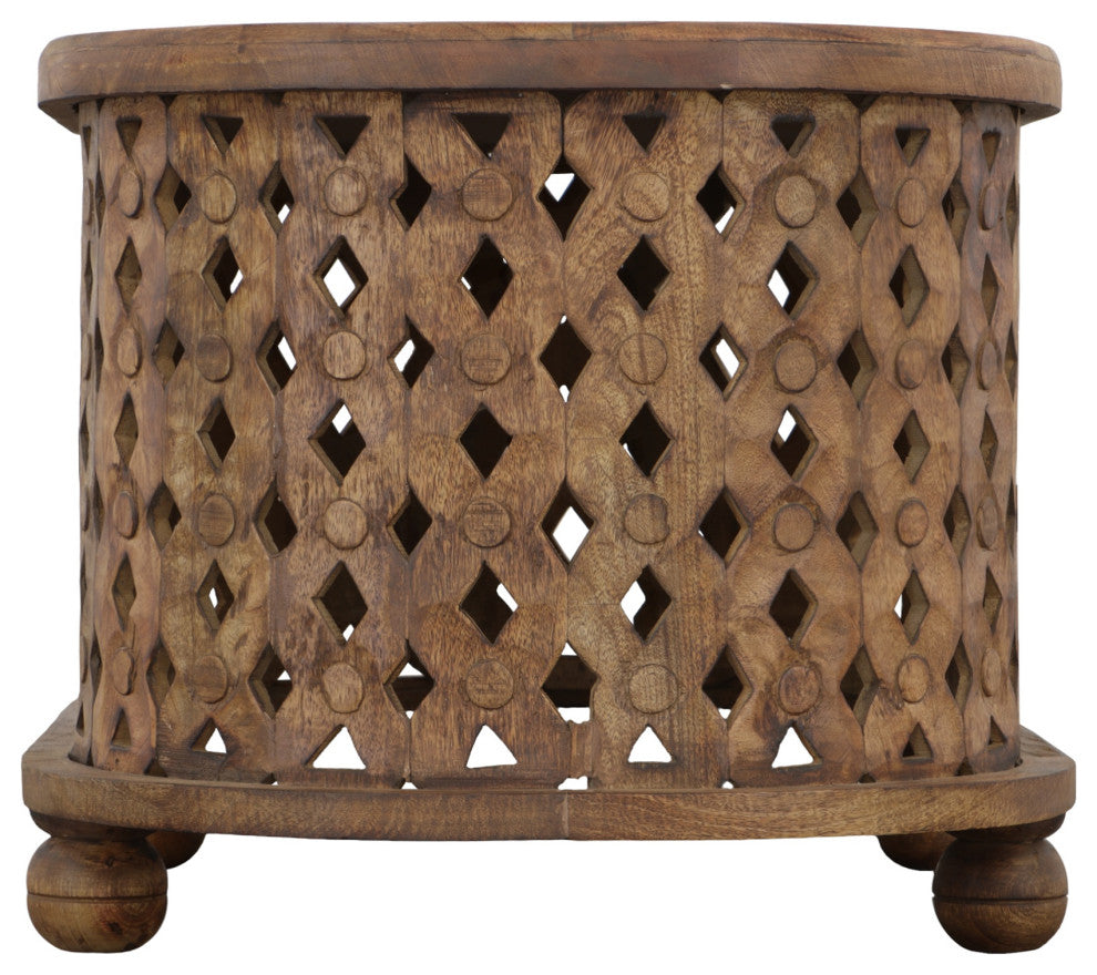 36" Handcrafted Oval Coffee Table Intricate Cutout Design Antique Brown