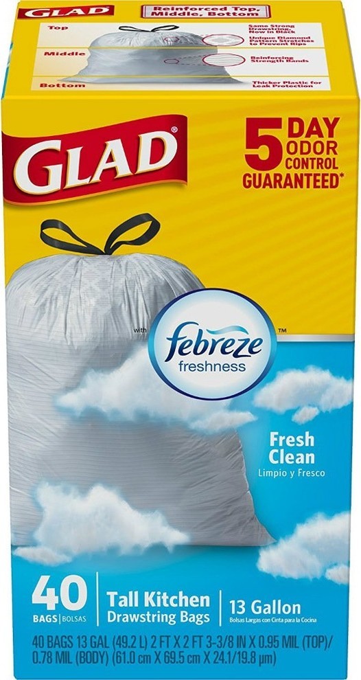 Glad® 78361 Odor Shield Tall Kitchen Drawstring Bag, 13 Gallon, 40 Count