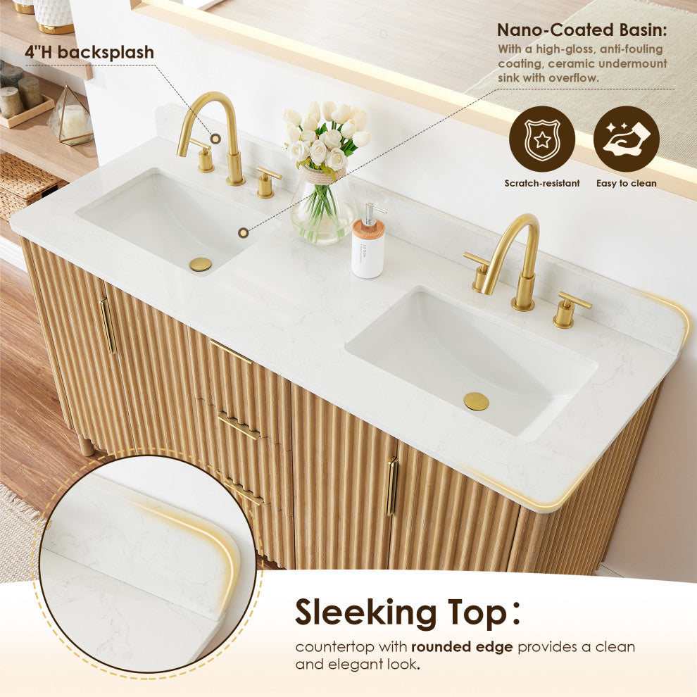 Sierra Bathroom Vanity, Washed Light Brown, 60inch, Without Mirror