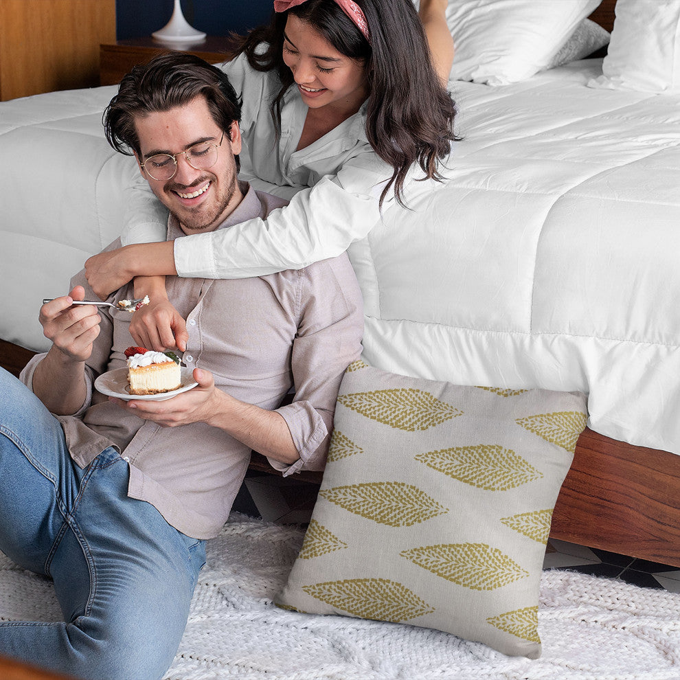 Plutus Green Beige Large Leafs Floral Luxury Throw Pillow, 24"x24"