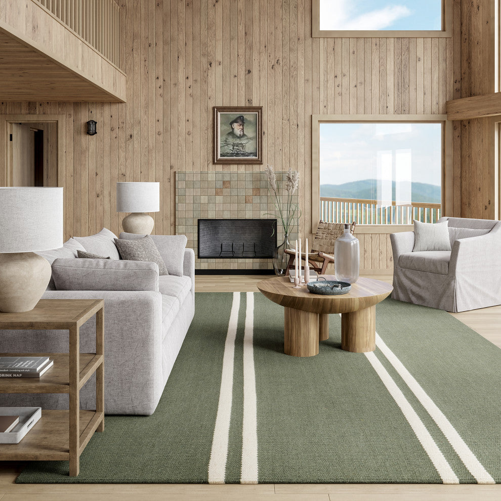 Elowen Double Striped Wool Area Rug, Sage Green 5'x8'