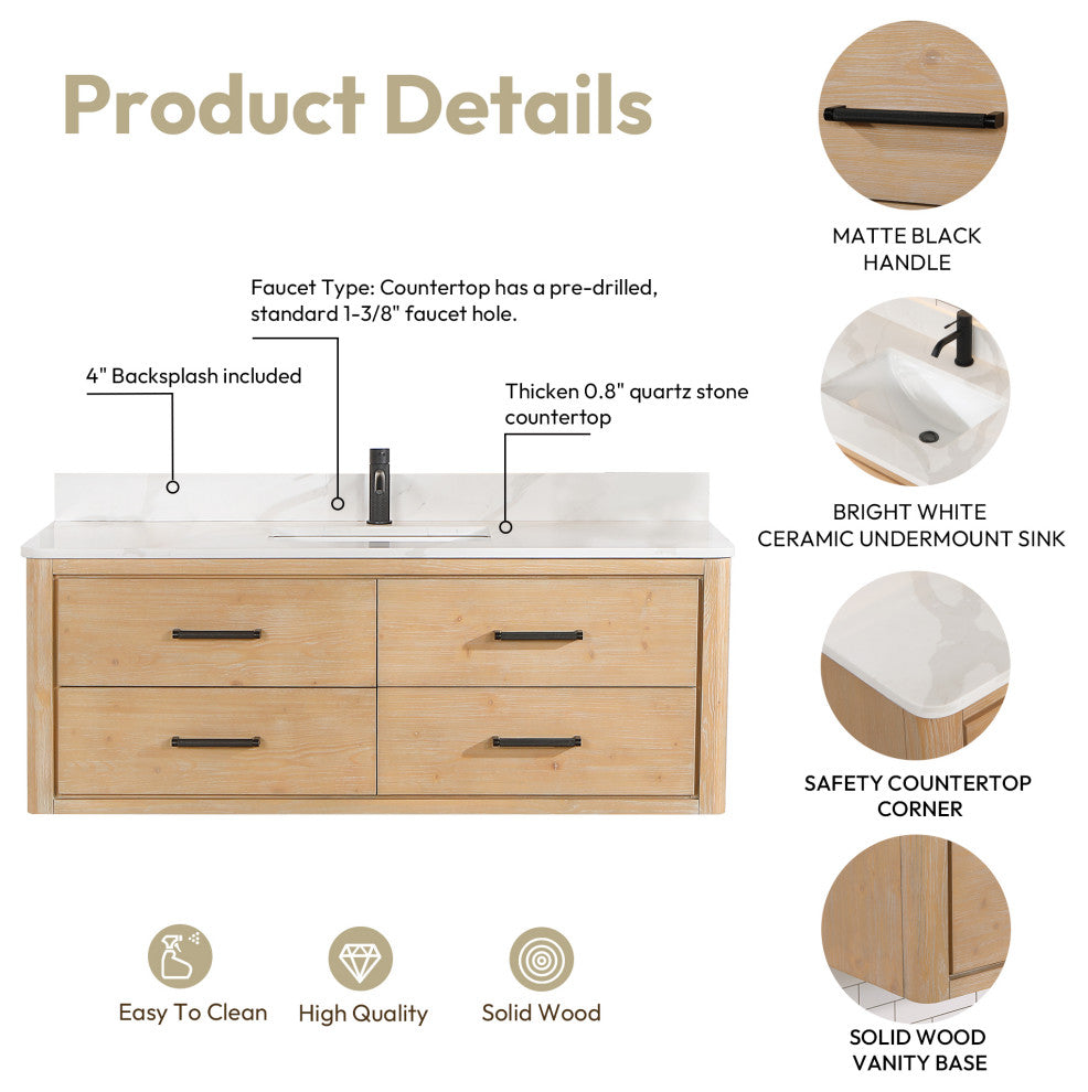 Cristo Floating Bath Vanity With Stone Top, Fir Wood Brown, 55in., No Mirror