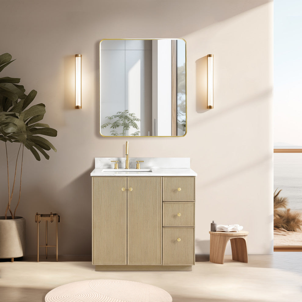 Oza Bath Vanity with Quartz Stone Top, Aged Natural Oak, 36", Single Vanity, No Mirror